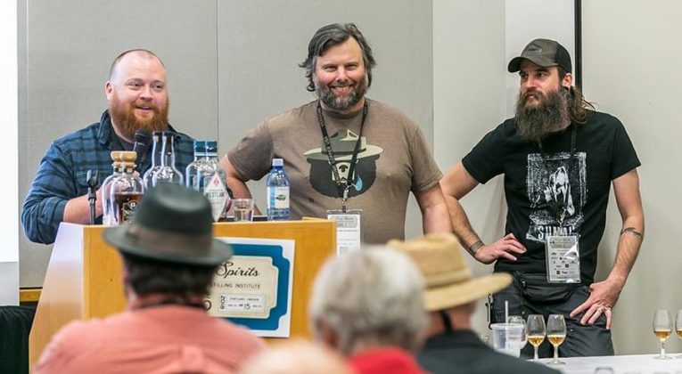 Left to right, Matthew Hofmann of Westland Distillery, Christian Krogstad of House Spirits Distillery and Jared Himstedt of Balcones Distilling were three of the six presenters at the American Single Malt Whiskey tasting, one of nine guided spirits tastings at the conference.