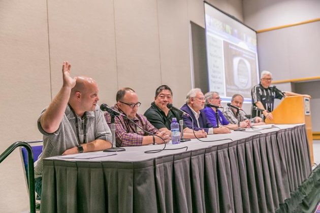 Bill Owens, far right in the referee’s jersey, officiates the heated discussion over accelerated aging techniques. Left to right, Bryan Davis of Lost Spirits, John Foster of Smooth Ambler Spirits, Larry Wu of SpiriTech, Earl Hewlette of Terressentia Corporation, Gary Spedding of Brewing and Distilling Analytical Services and author/consultant Ian Smiley.