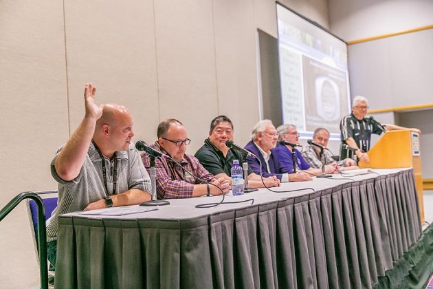 Bill Owens, far right in the referee’s jersey, officiates the heated discussion over accelerated aging techniques. Left to right, Bryan Davis of Lost Spirits, John Foster of Smooth Ambler Spirits, Larry Wu of SpiriTech, Earl Hewlette of Terressentia Corporation, Gary Spedding of Brewing and Distilling Analytical Services and author/consultant Ian Smiley.